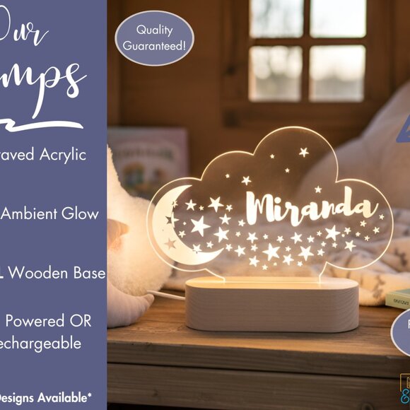 Moon & Stars Custom Name Light • Personalized LED Cloud Decor • Girl Gift - Picture 3 of 8